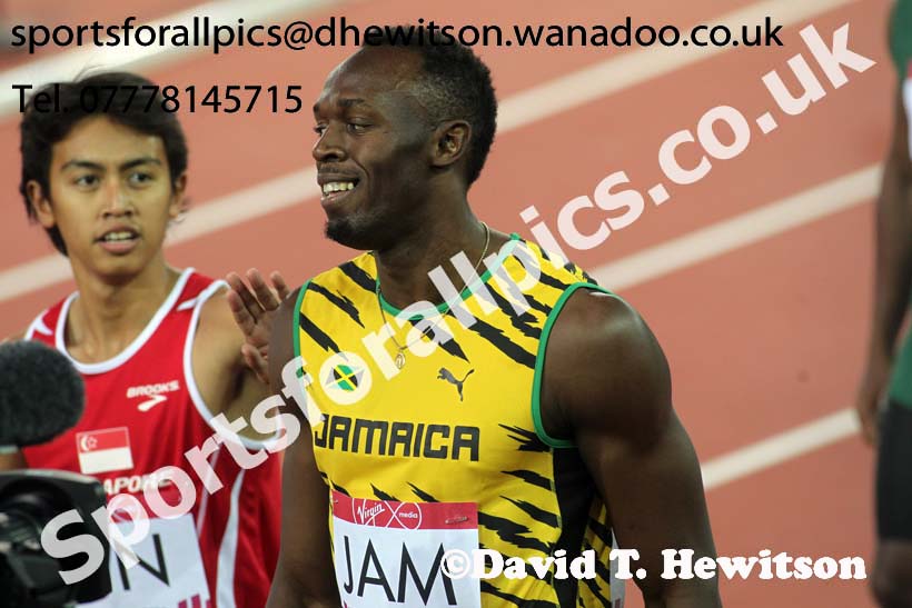 Usain Bold (Jamaica) after running in the 4 x 100 metres heats at the Commonwealth Games, Glasgow. Photo: David T. Hewitson/Sports for All Pics